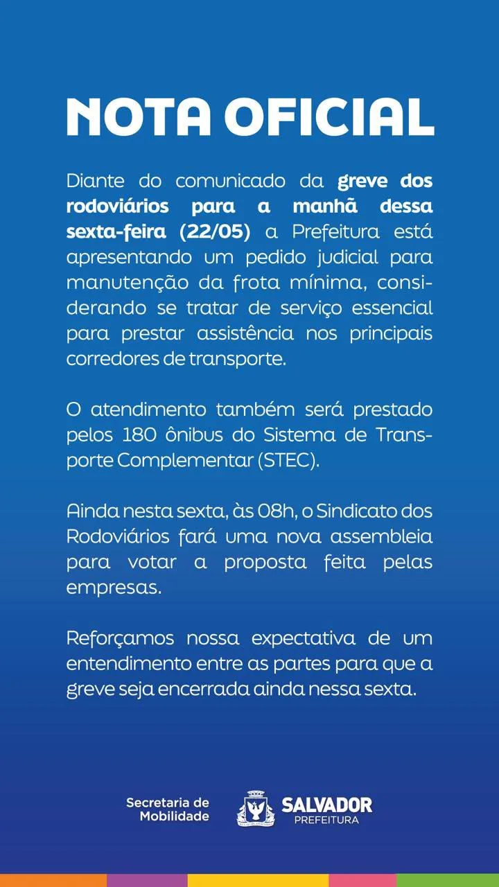 O assunto é Rádio —   Os ônibus do transporte metropolitano vão operar normalmente nesta sexta-feira (22), apesar da greve por tempo indeterminado decretada pelos rodoviários de Salvador. A paralisação atinge a frota urbana das empresas OT Trans e Plataforma, que deixarão de circular na capital baiana a partir de 0h. O Sindicato dos Rodoviários Metropolitanos (Sidmetro) informou que os coletivos da Região Metropolitana de Salvador continuarão rodando até as estações de integração, sem circulação dentro da capital. Permanecem em operação os ônibus das empresas Vitória, Atlântico, Avanço e Cidade Sol. Além do transporte metropolitano, o metrô e os 180 ônibus do Sistema de Transporte Complementar (Stec) funcionarão normalmente. A Prefeitura […]