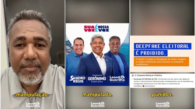 O Assunto é Rádio — O radialista Leandro Guerrilha utilizou suas redes sociais para fazer uma grave denúncia de manipulação de imagem no contexto da disputa política na Bahia. Em vídeo publicado em suas plataformas digitais, Guerrilha afirmou ter sido vítima de uma montagem eleitoral que vincula sua imagem ao atual governador do estado, Jerônimo Rodrigues (PT), e ao deputado estadual Sandro Régis. Visivelmente indignado, o comunicador relatou ter tomado conhecimento do material por meio de mensagens encaminhadas por apoiadores do interior do estado. A imagem adulterada simula um cartaz de campanha (“santinho”) onde Leandro aparece ao lado de adversários políticos com o slogan “Sua voz é a nossa voz”. “Fiquei abismado [&hellip;]